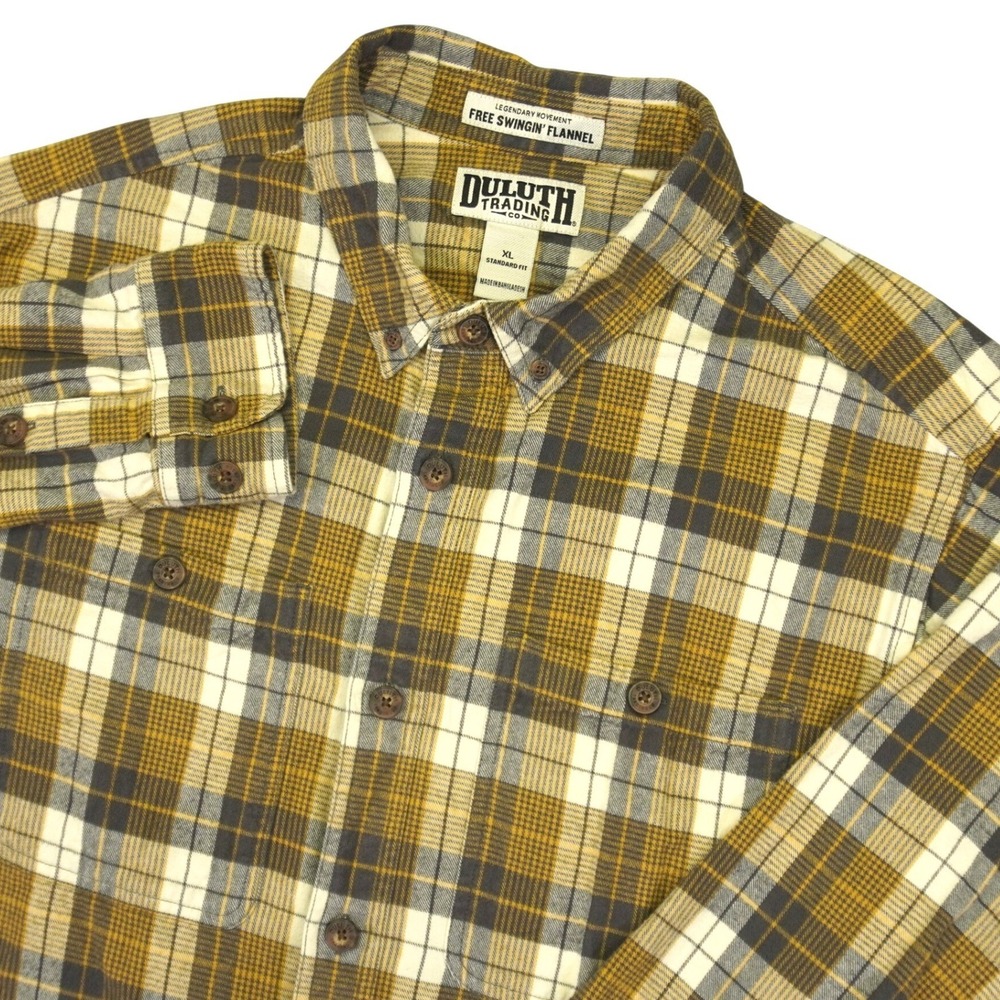 Duluth Trading Co Free Swingin Flannel Mens XL Yellow Plaid Work Shirt Button Up